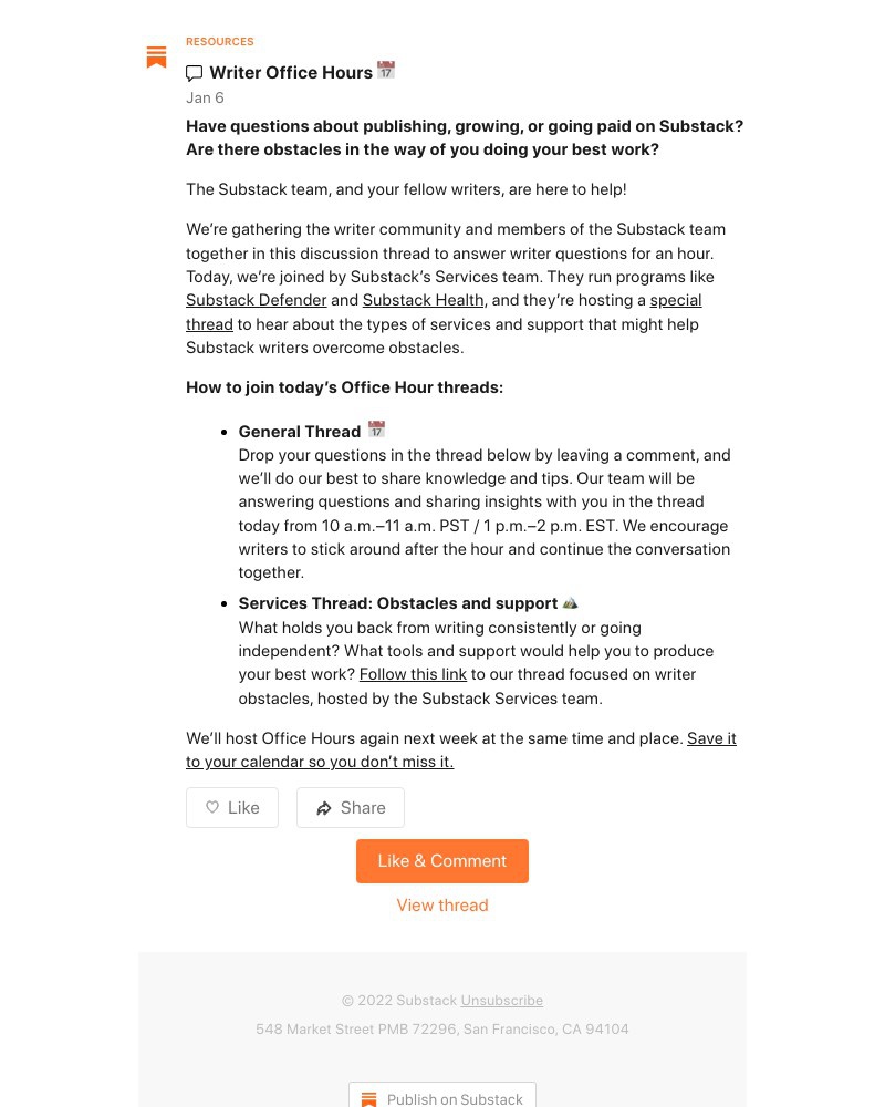 Substack - Writer Office Hours 📅