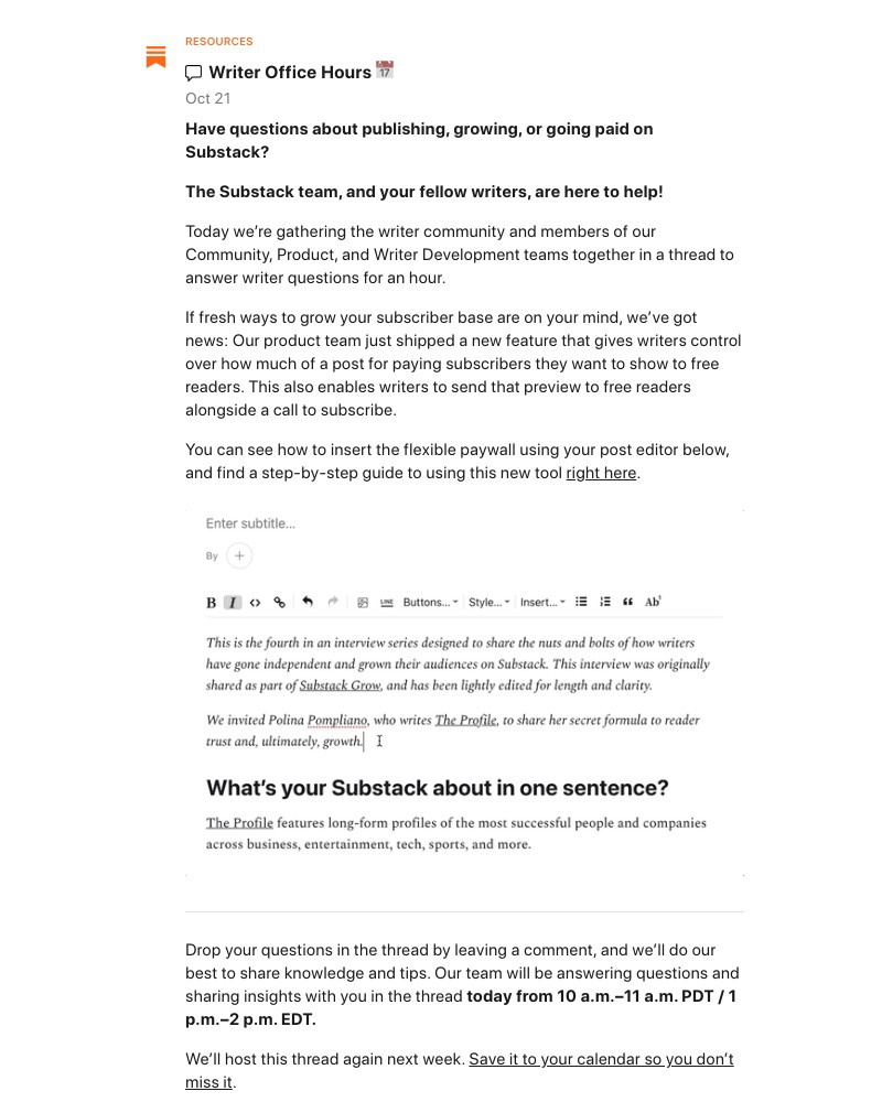 Substack - Writer Office Hours 📅