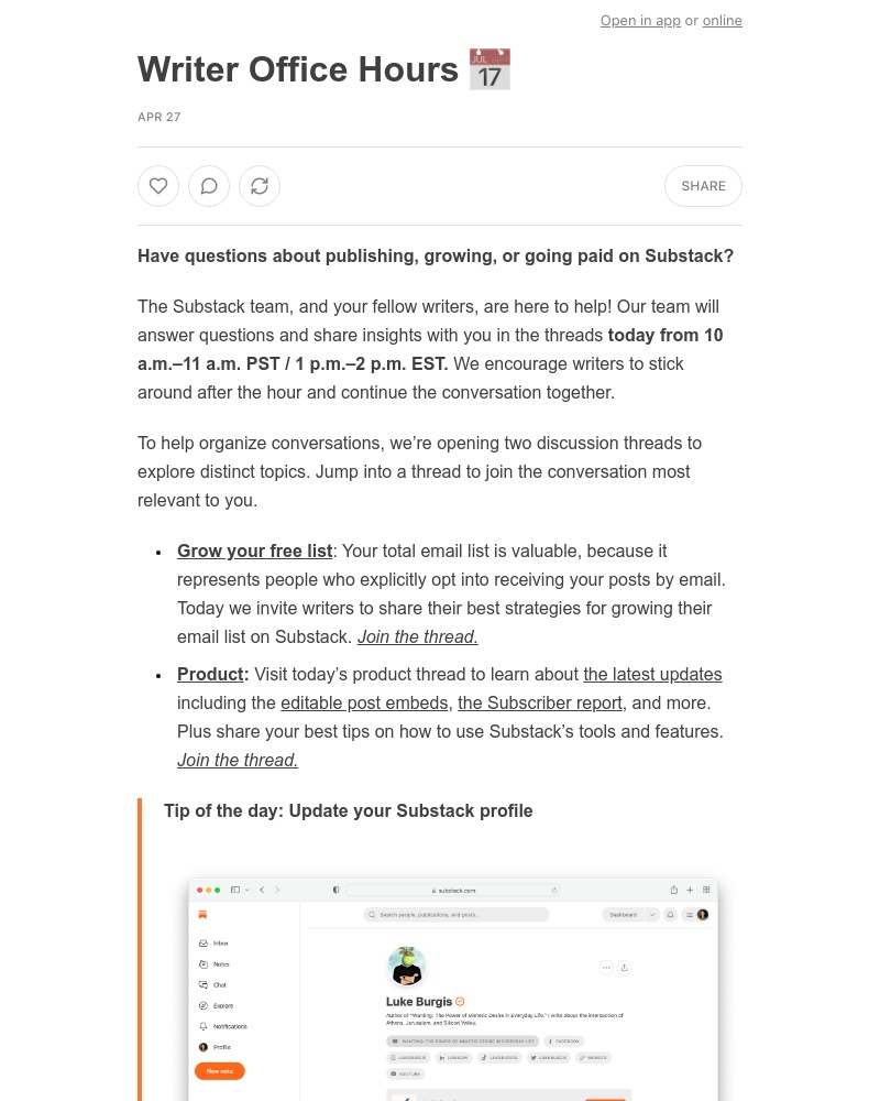 Substack - Writer Office Hours 📅