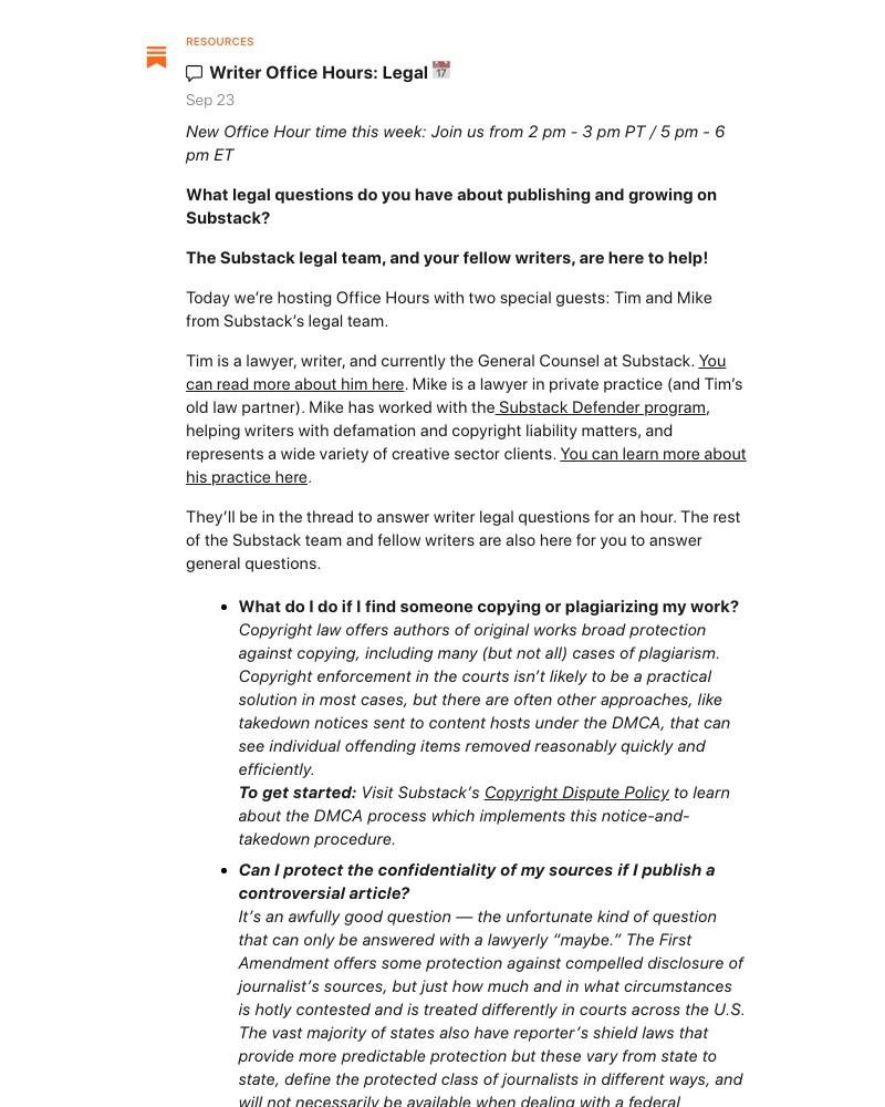 Substack - Writer Office Hours: Legal 📅