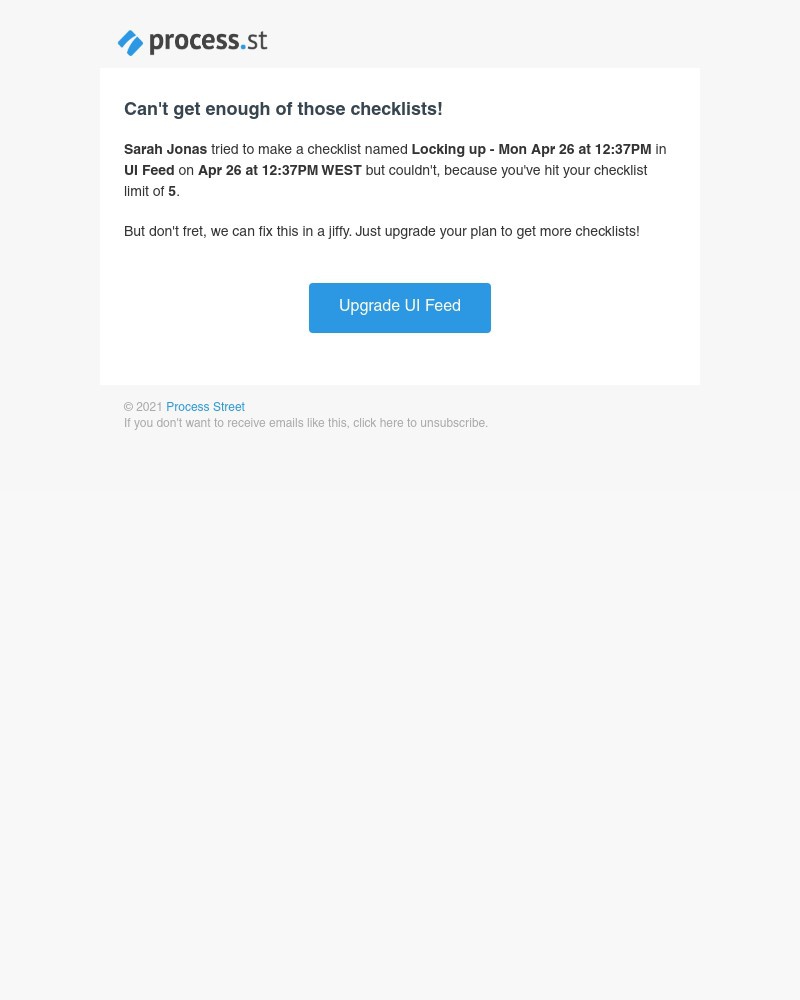 Process Street - You have reached your checklist limit!