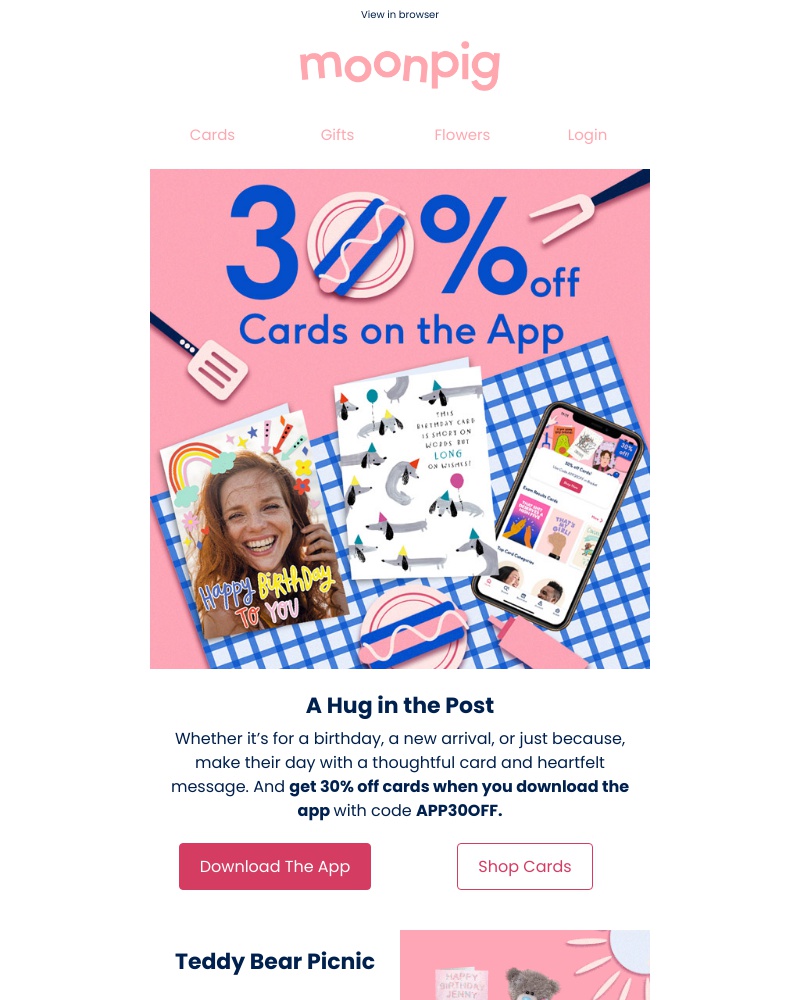 Moonpig - You + the app = 30% off cards!