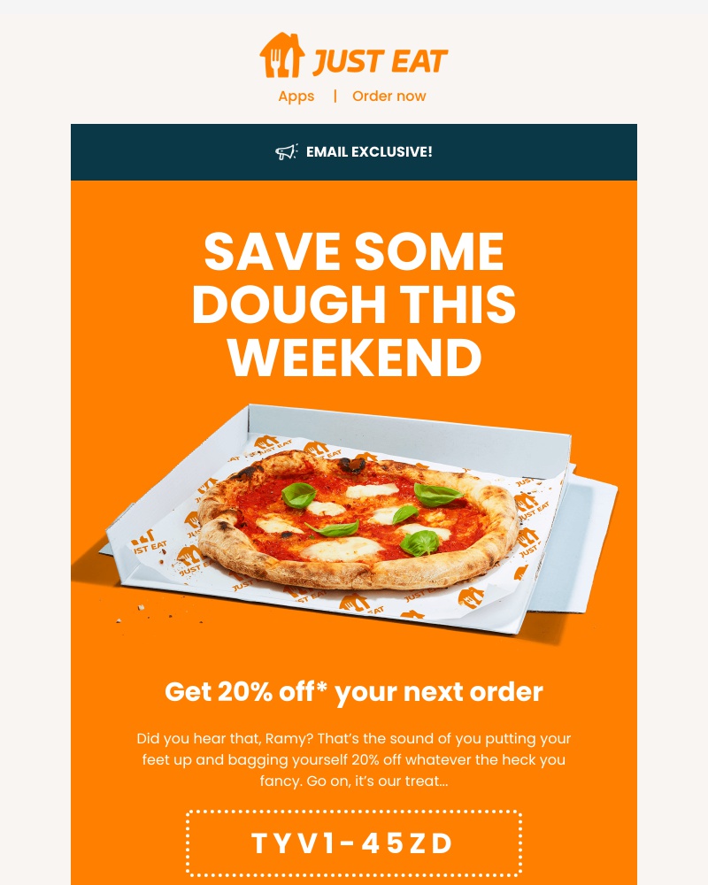 Just Eat - Your 20% voucher is here, Ramy 😉  