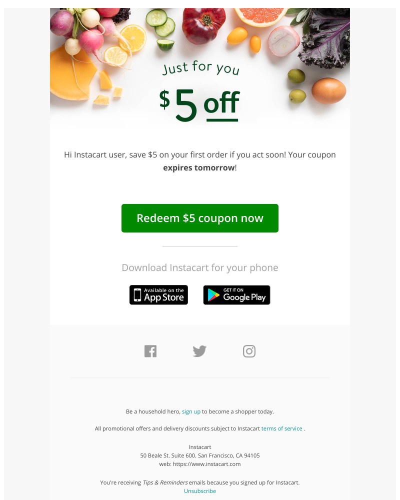 Instacart - 🥕 Your $5 coupon expires tomorrow!