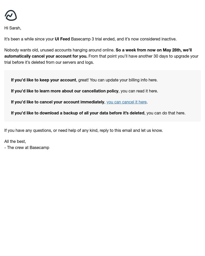 Basecamp - Your Basecamp 3 trial will be canceled soon