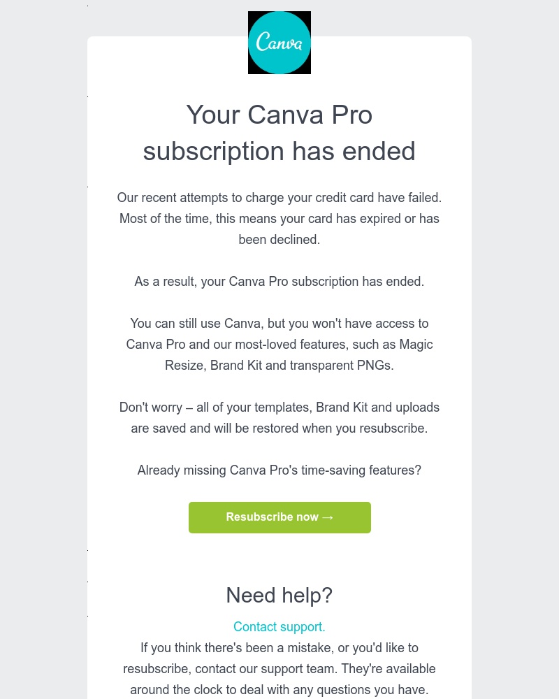 Canva - Your Canva Pro subscription for Sarah's Team has ended