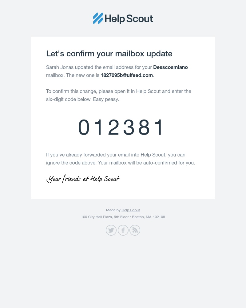  - Your confirmation code is 012381