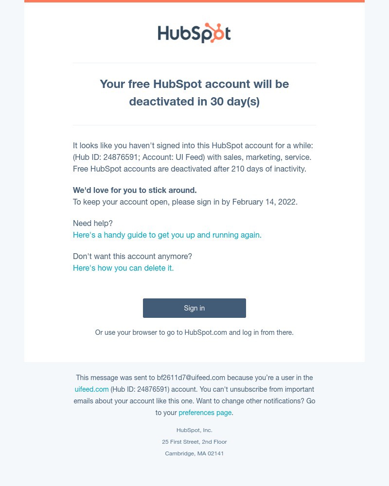 HubSpot CRM - Your free HubSpot account will be deactivated in 30 day(s)