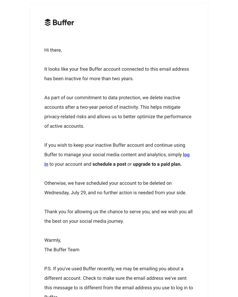  - Your inactive Buffer account is scheduled for deletion