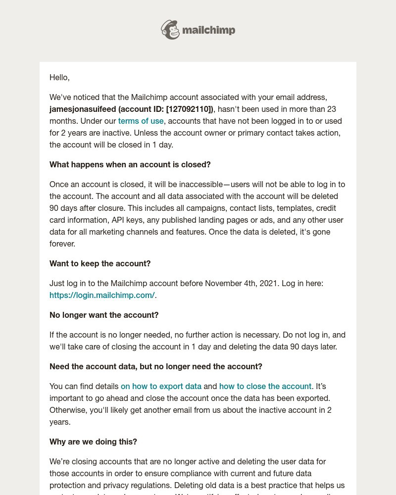Mailchimp - Your inactive Mailchimp account is closing