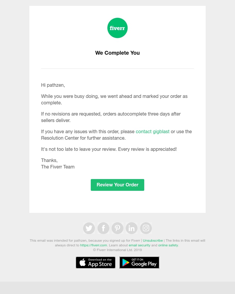 Fiverr - Your order was automatically completed