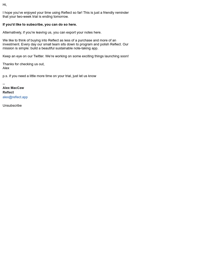  - Your Reflect trial is ending tomorrow