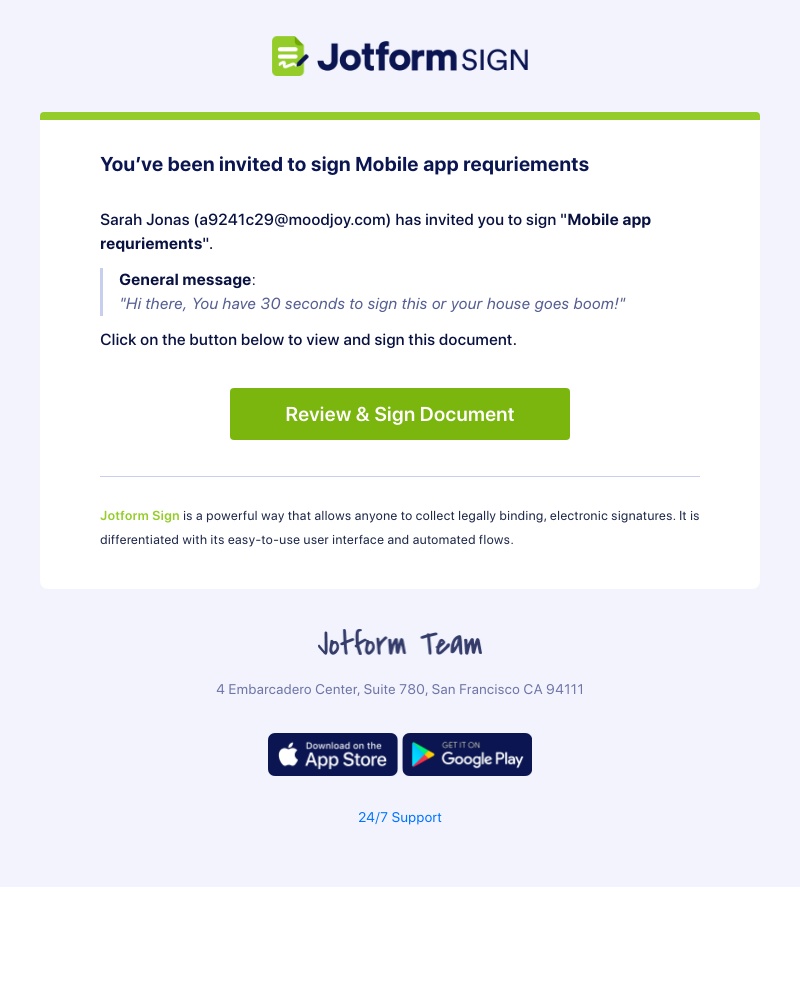 Jotform - Your signature requested for Mobile app requriements