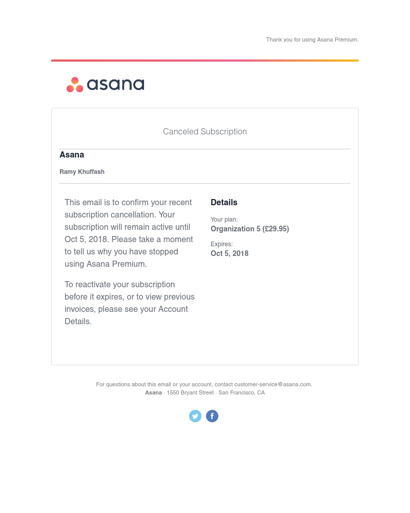 Cancelling your subscription on Asana video screenshot