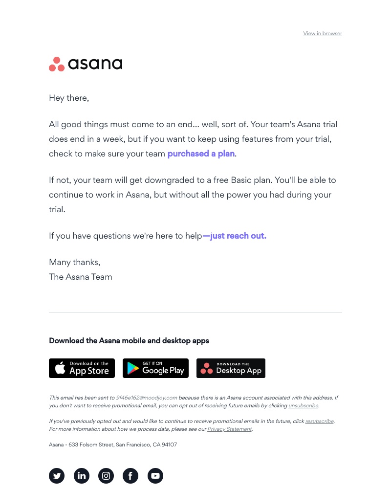 Asana - Your trial is ending soon