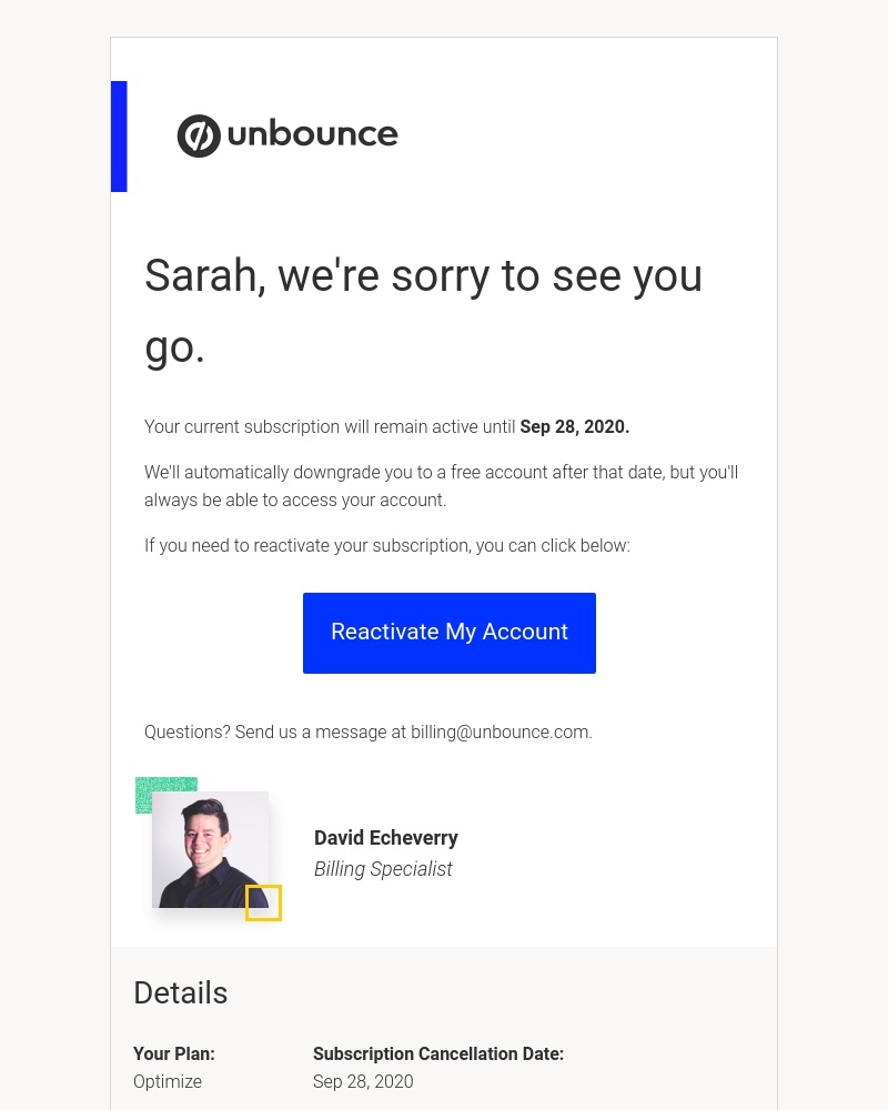Cancelling your subscription on Unbounce video screenshot