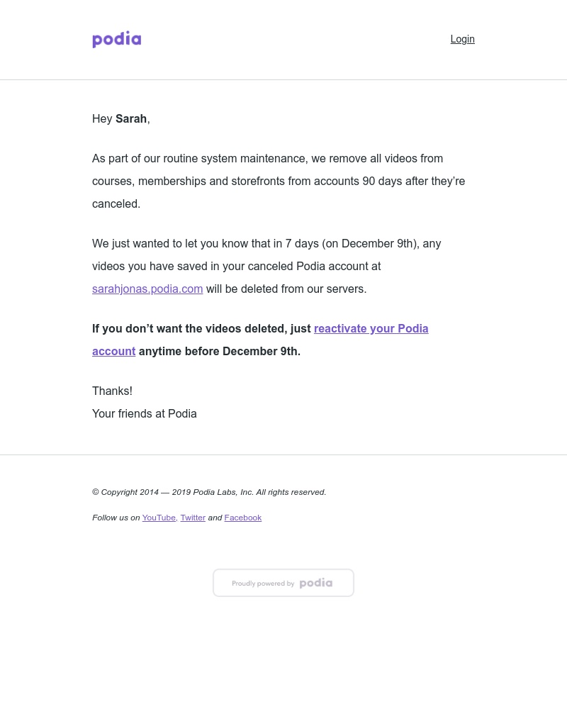 Podia - Your videos are scheduled to be deleted
