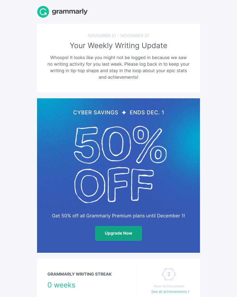 Grammarly - Your Weekly Writing Stats + 50% Off Any Plan