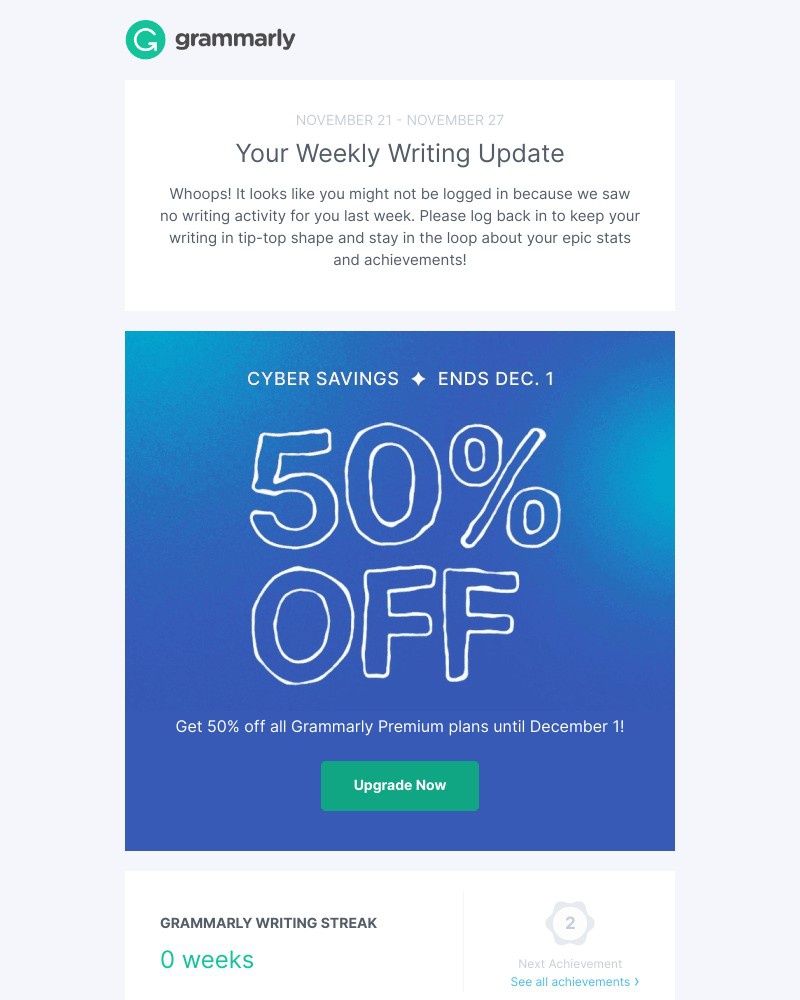 Grammarly - Your Weekly Writing Stats + 50% Off Any Plan