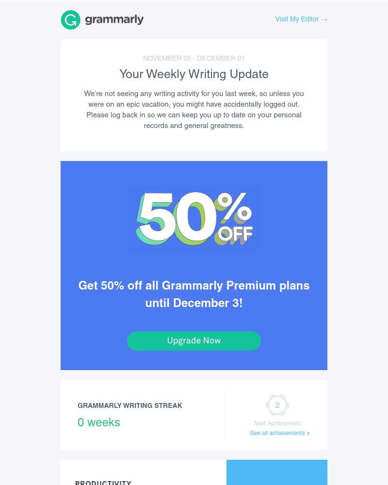 Grammarly - Your Weekly Writing Stats + a Rad 50% OFF Cyber Deal