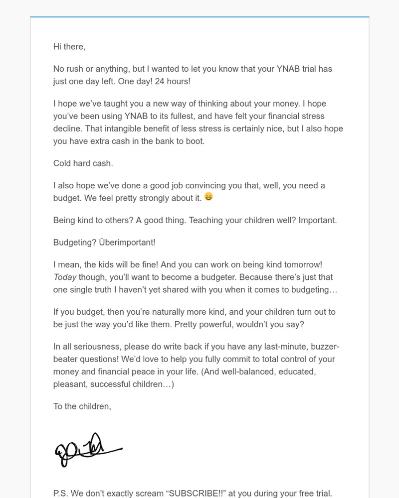 YNAB - Your YNAB trial has one day left!