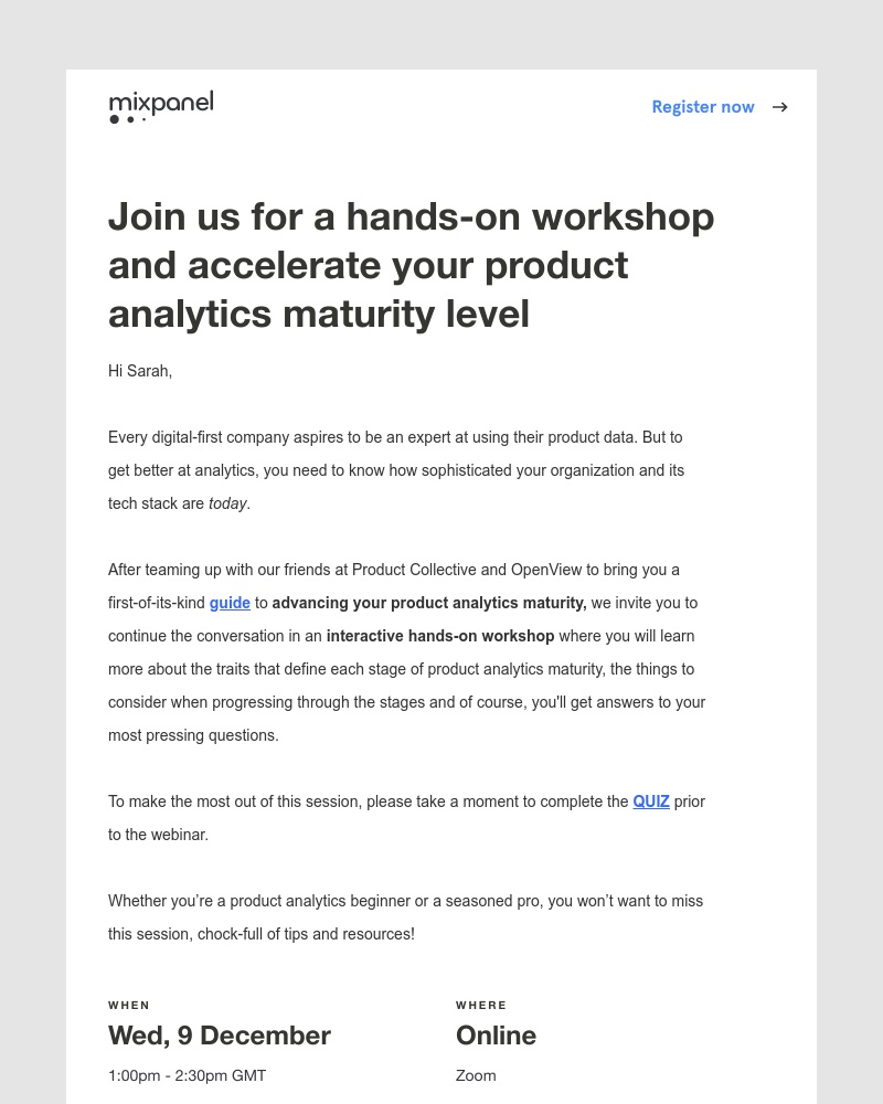 Mixpanel - You’re invited! Accelerate your product analytics maturity hands-on workshop | Wed, Dec 9 @ 1:00 pm GMT