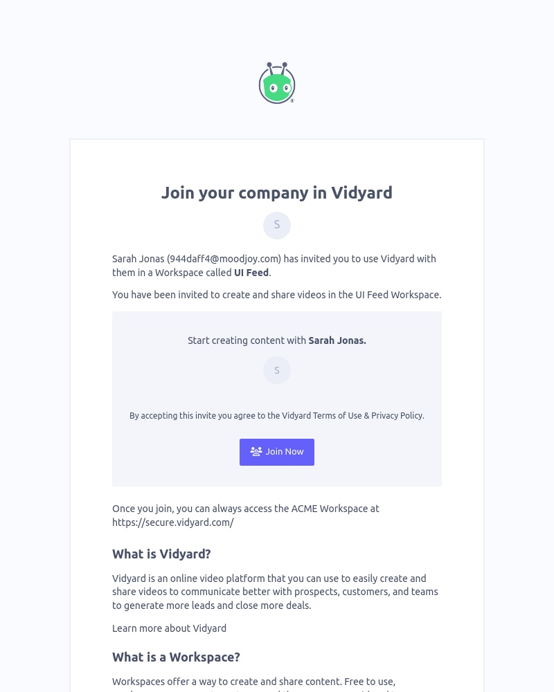 Accepting an invite on Vidyard video screenshot
