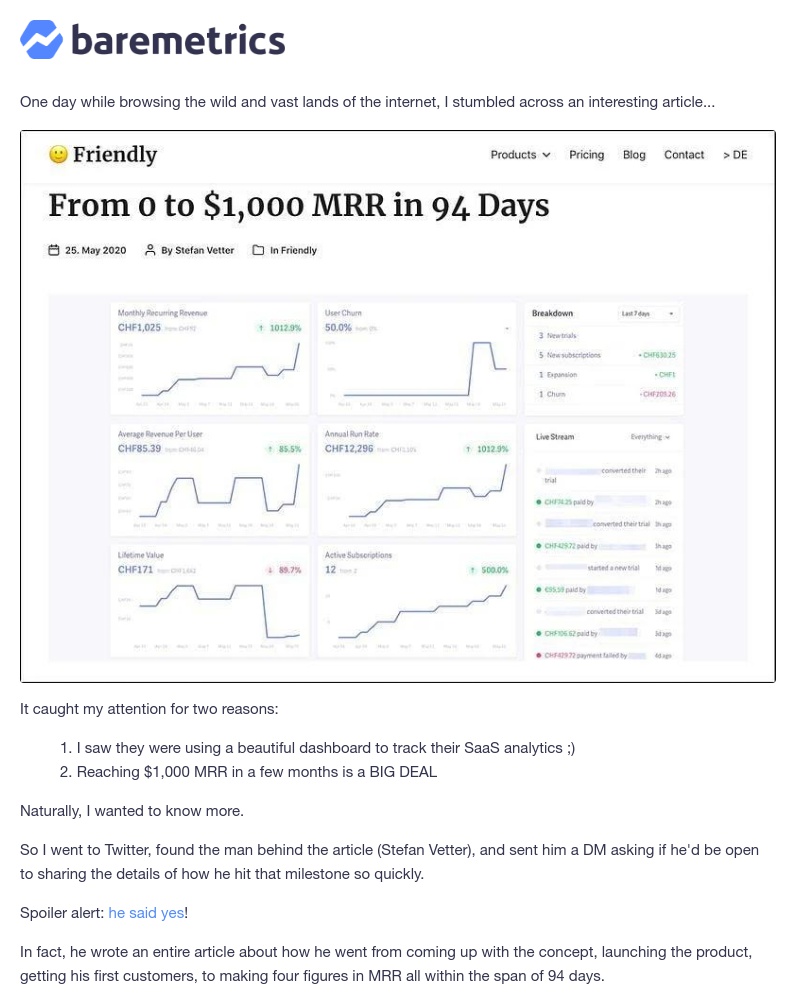 Baremetrics - Zero to $1,000 MRR in 94 Days?!