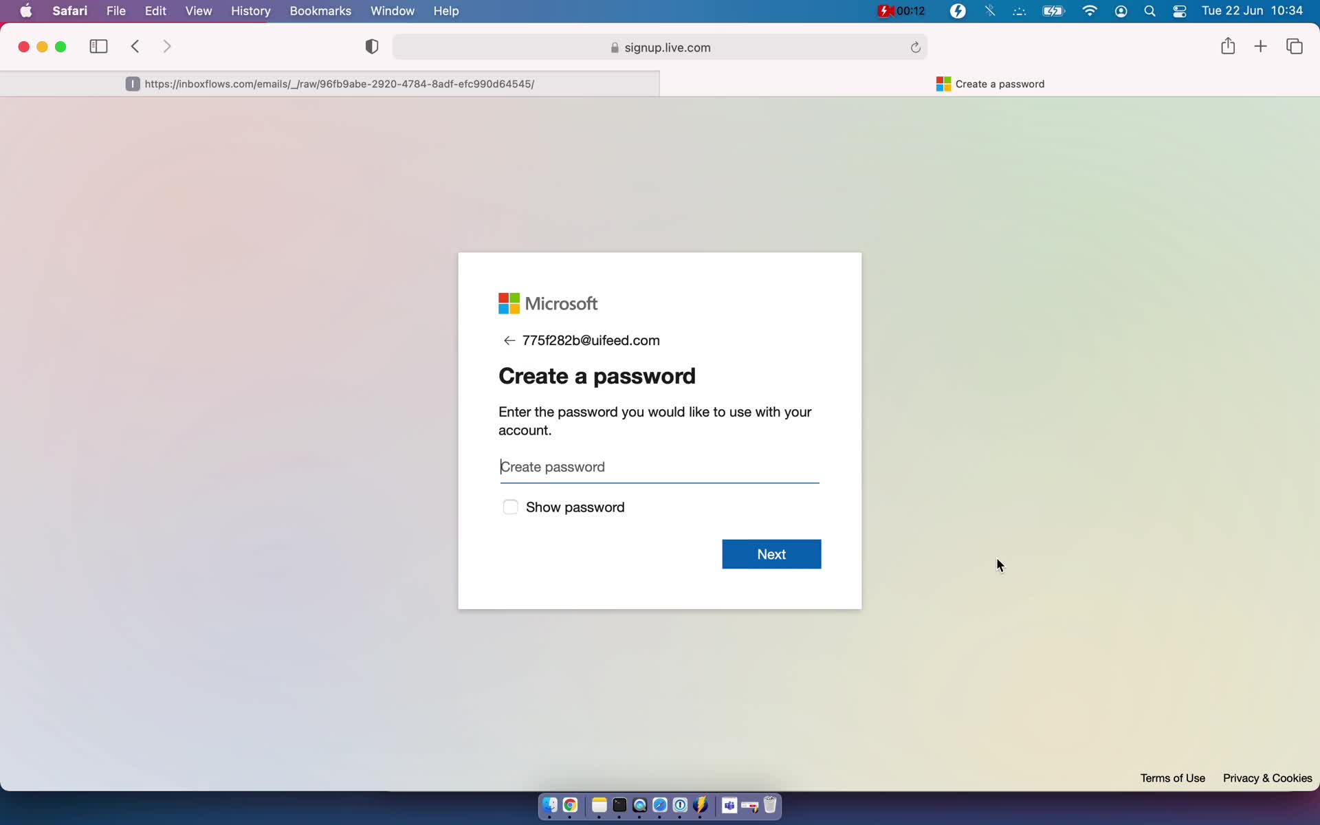 Screenshot of Set password on Accepting an invite on Microsoft Teams user flow