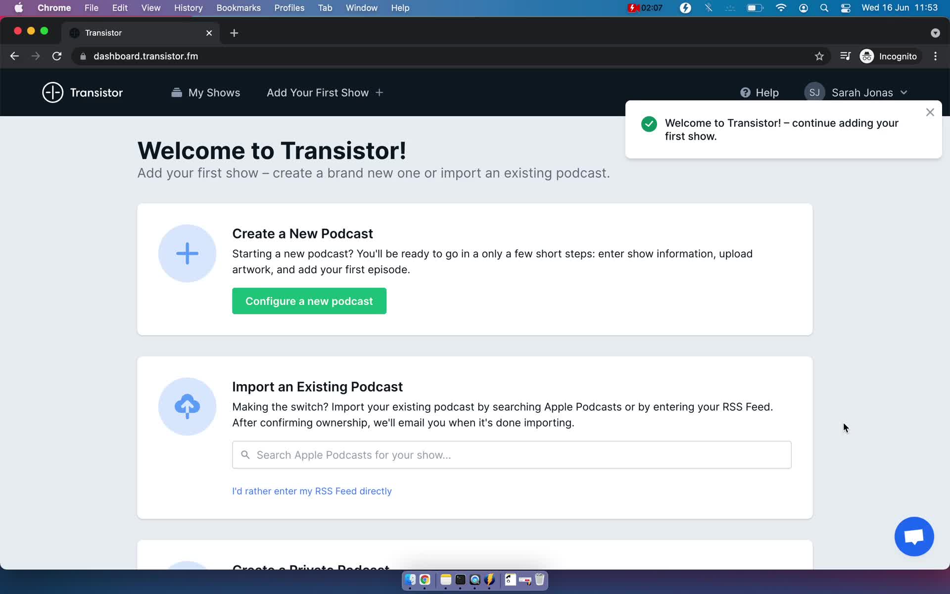 Screenshot of Welcome during Onboarding on Transistor user flow