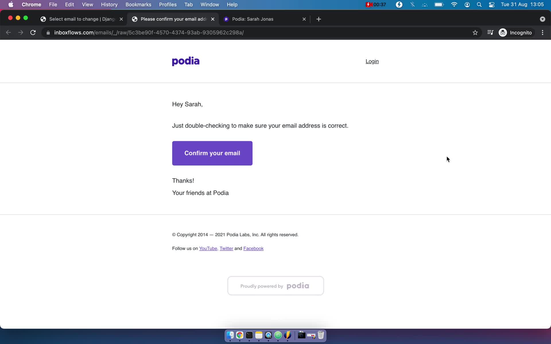 Podia verify email screenshot