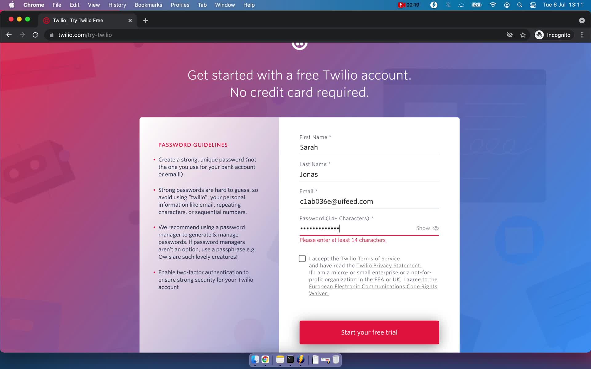 Twilio set password screenshot