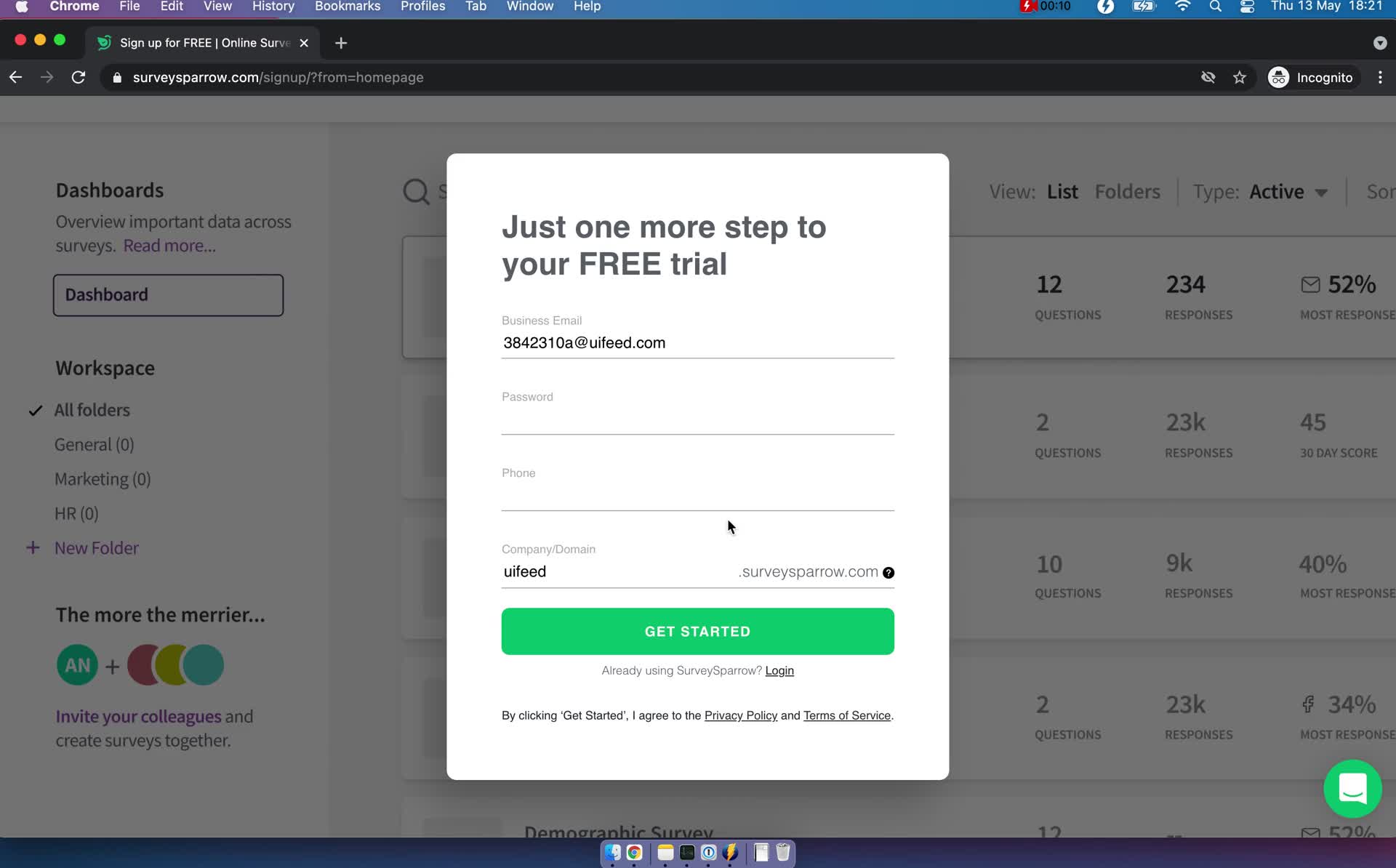 SurveySparrow start trial screenshot