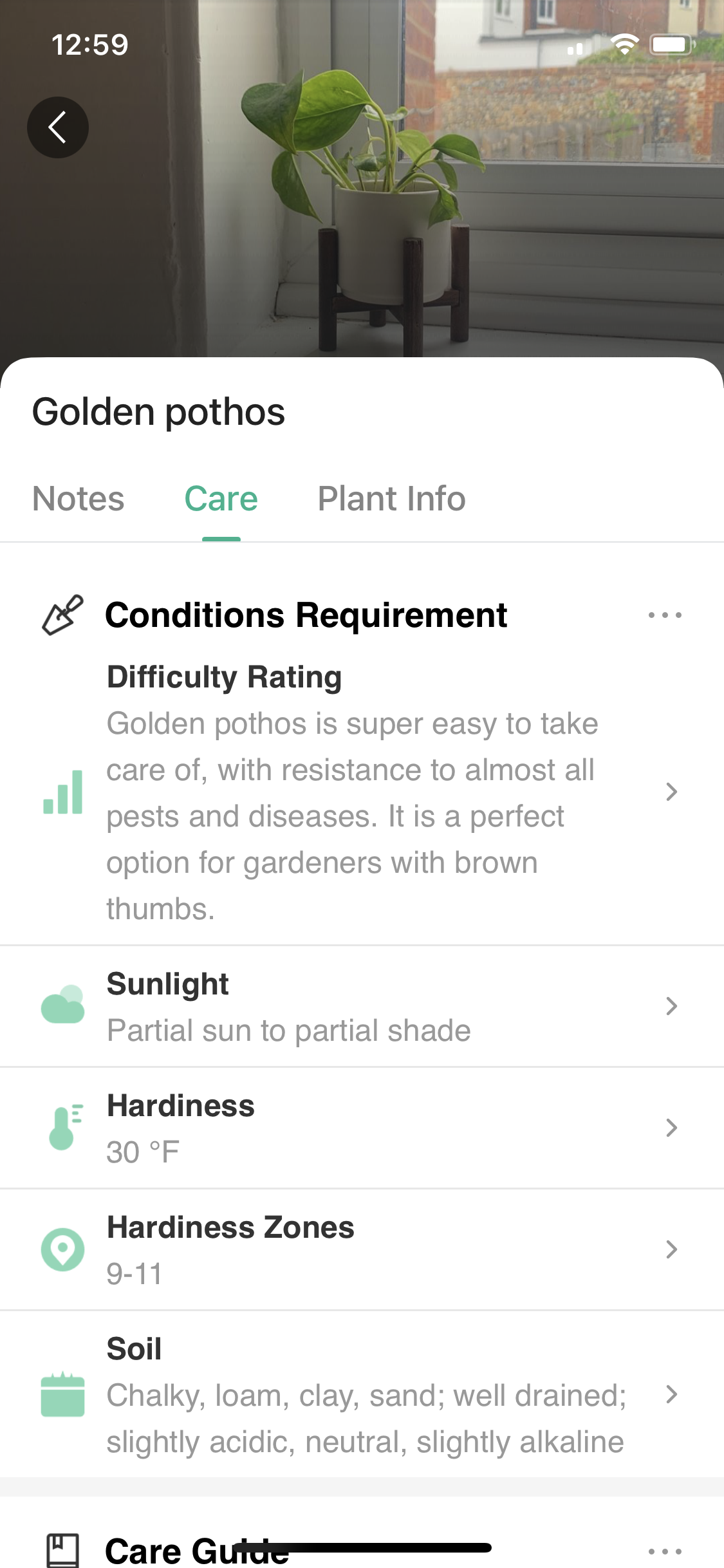 Screenshot of Plant details