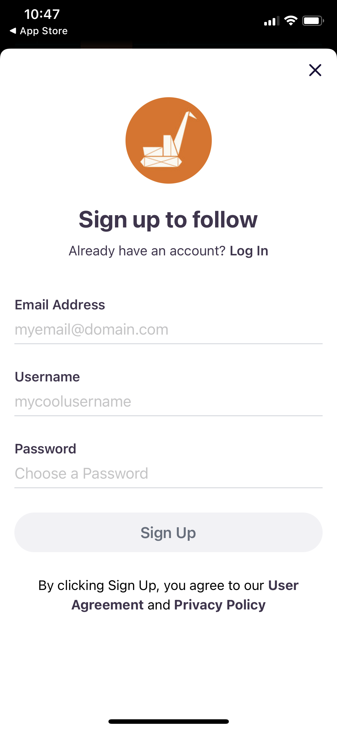 Screenshot of Sign up