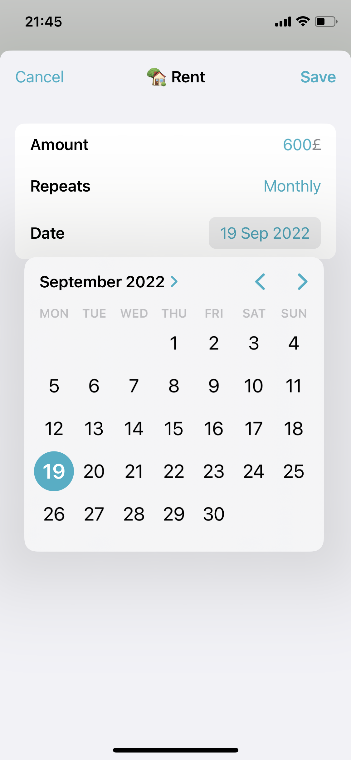 Screenshot of Select date