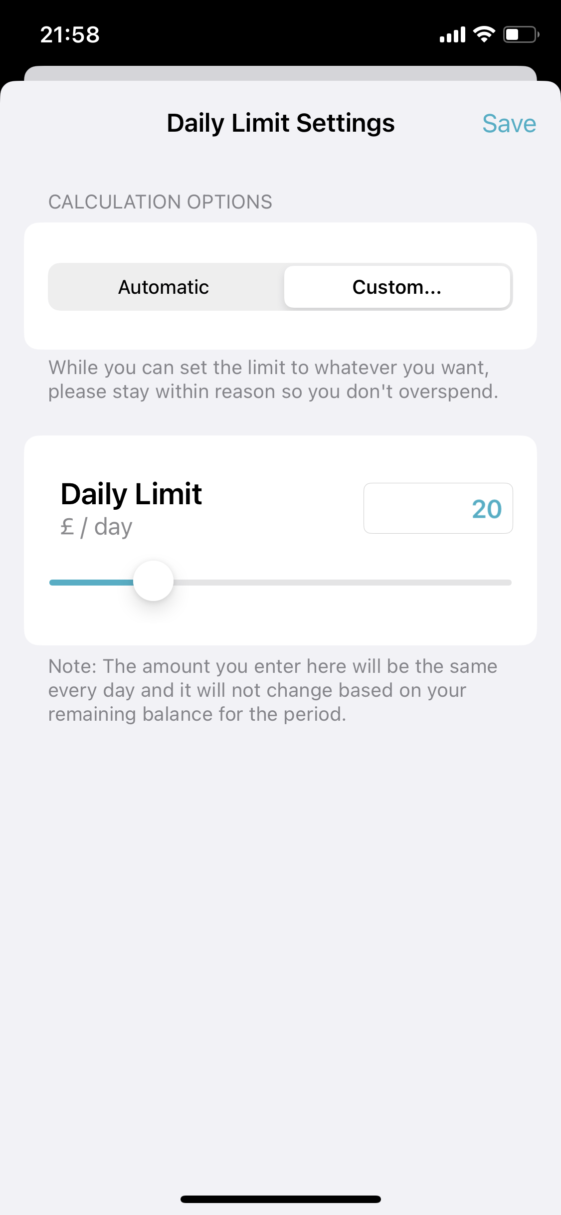 Screenshot of Set limit