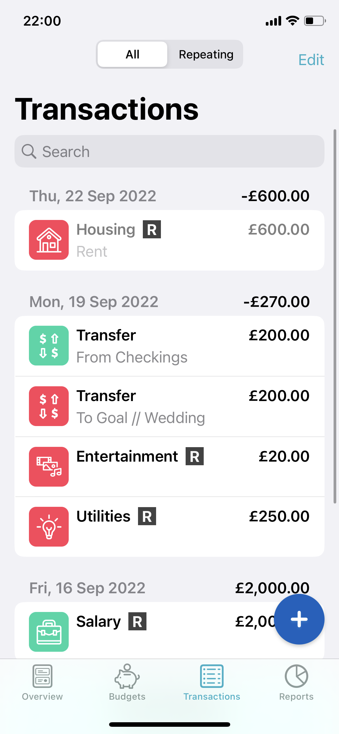 Screenshot of Transactions