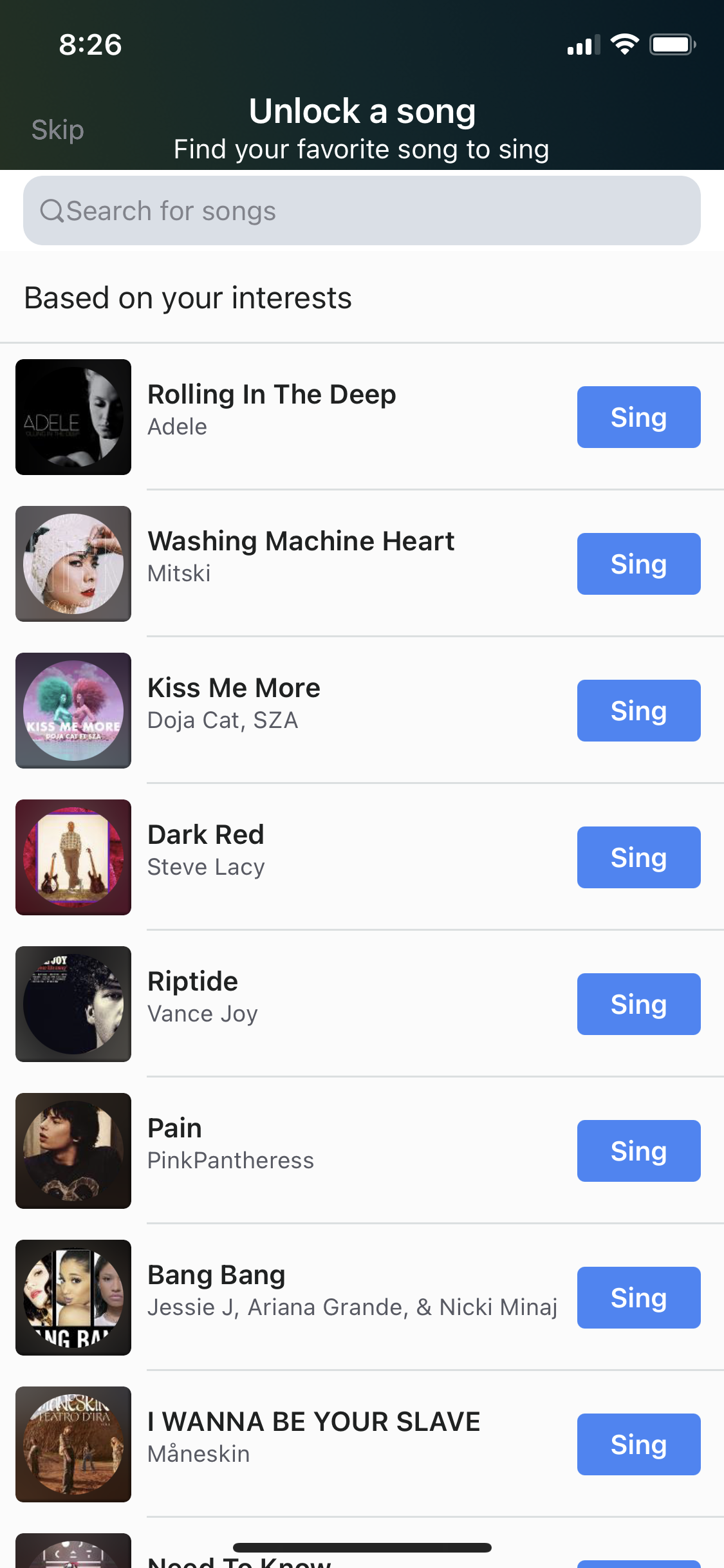 Screenshot of Select a song