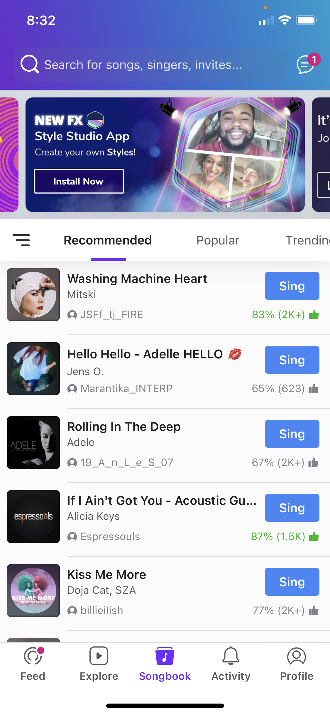 General browsing on Smule video thumbnail