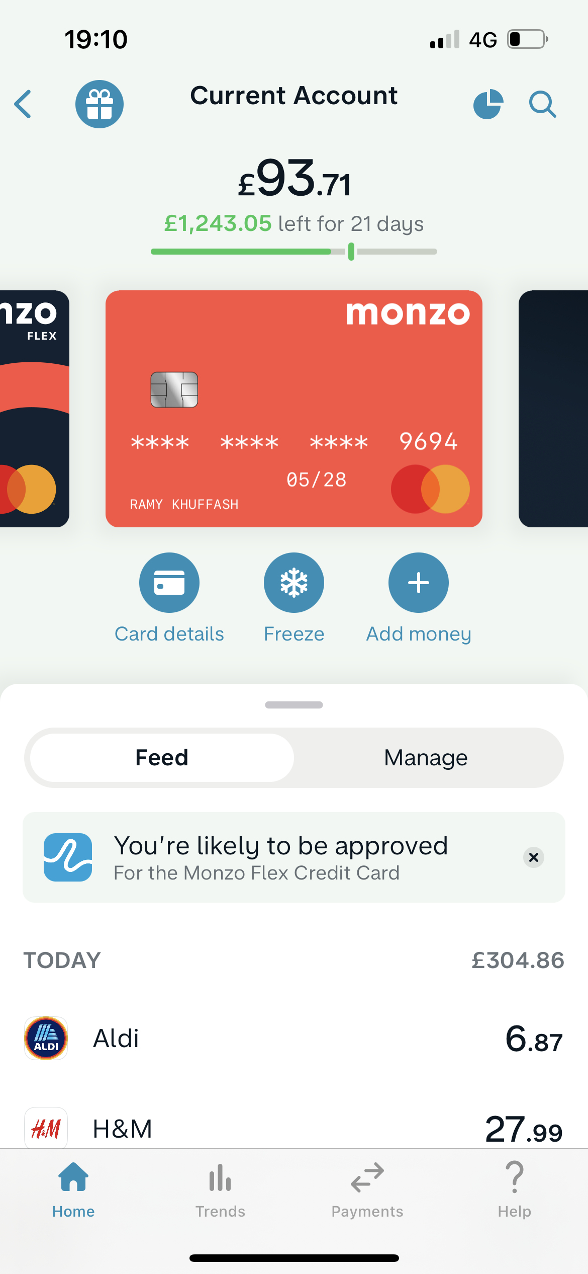 Screenshot of Account details on Searching on Monzo user flow