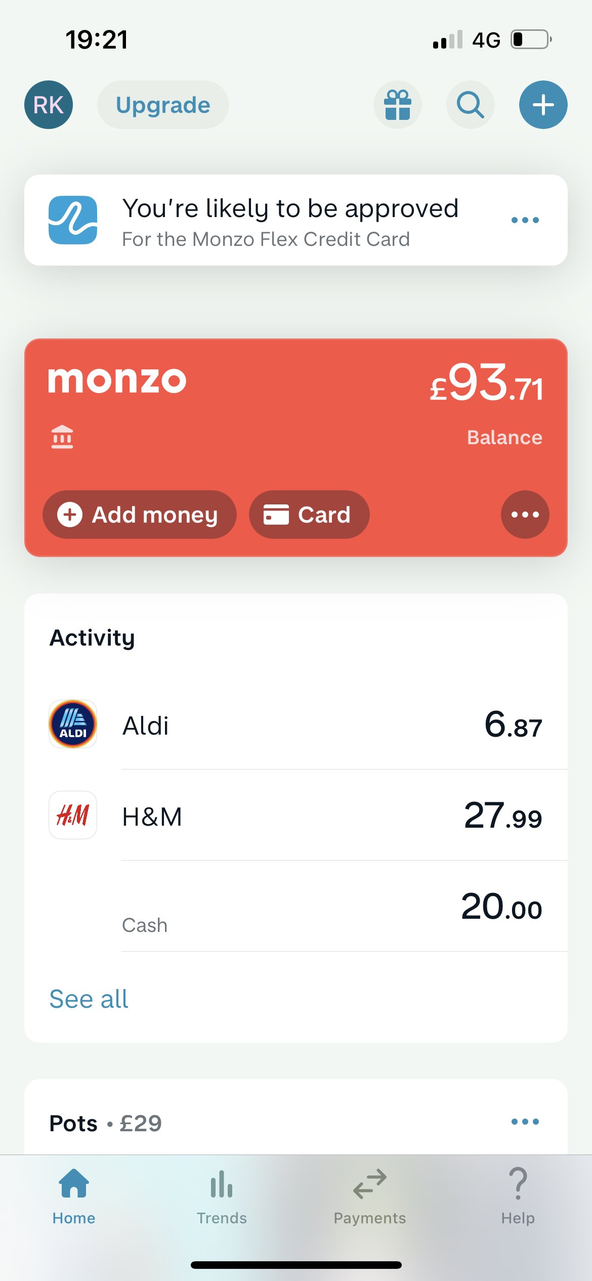 Screenshot of Home on Creating a budget on Monzo user flow