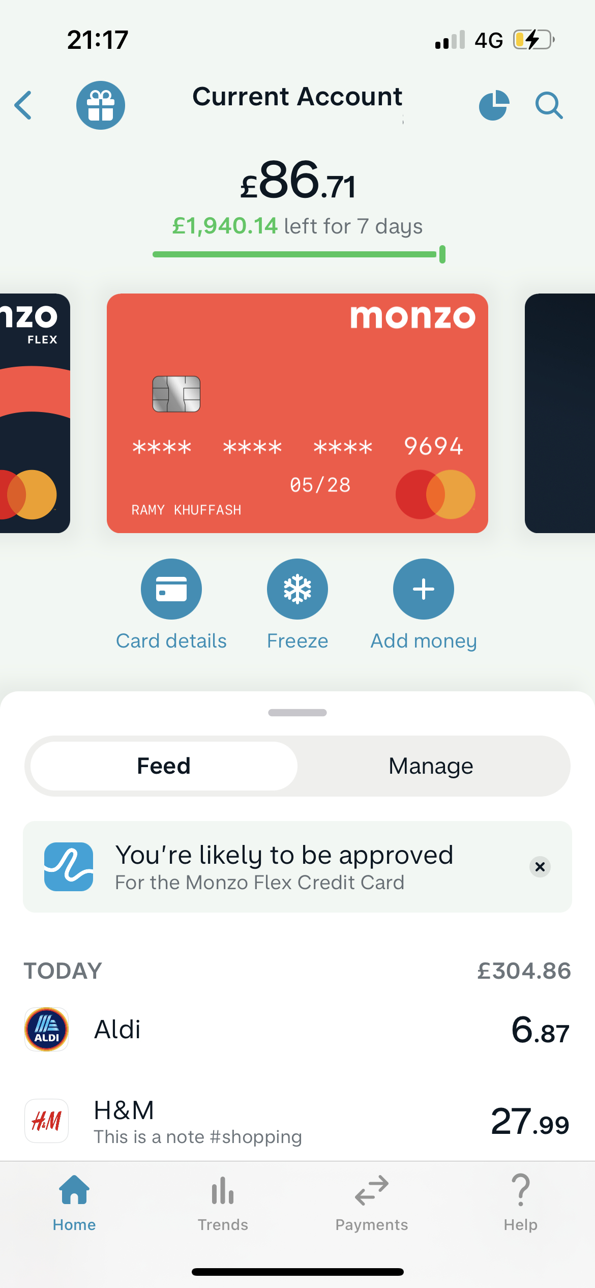 Screenshot of Account details on Exporting data on Monzo user flow