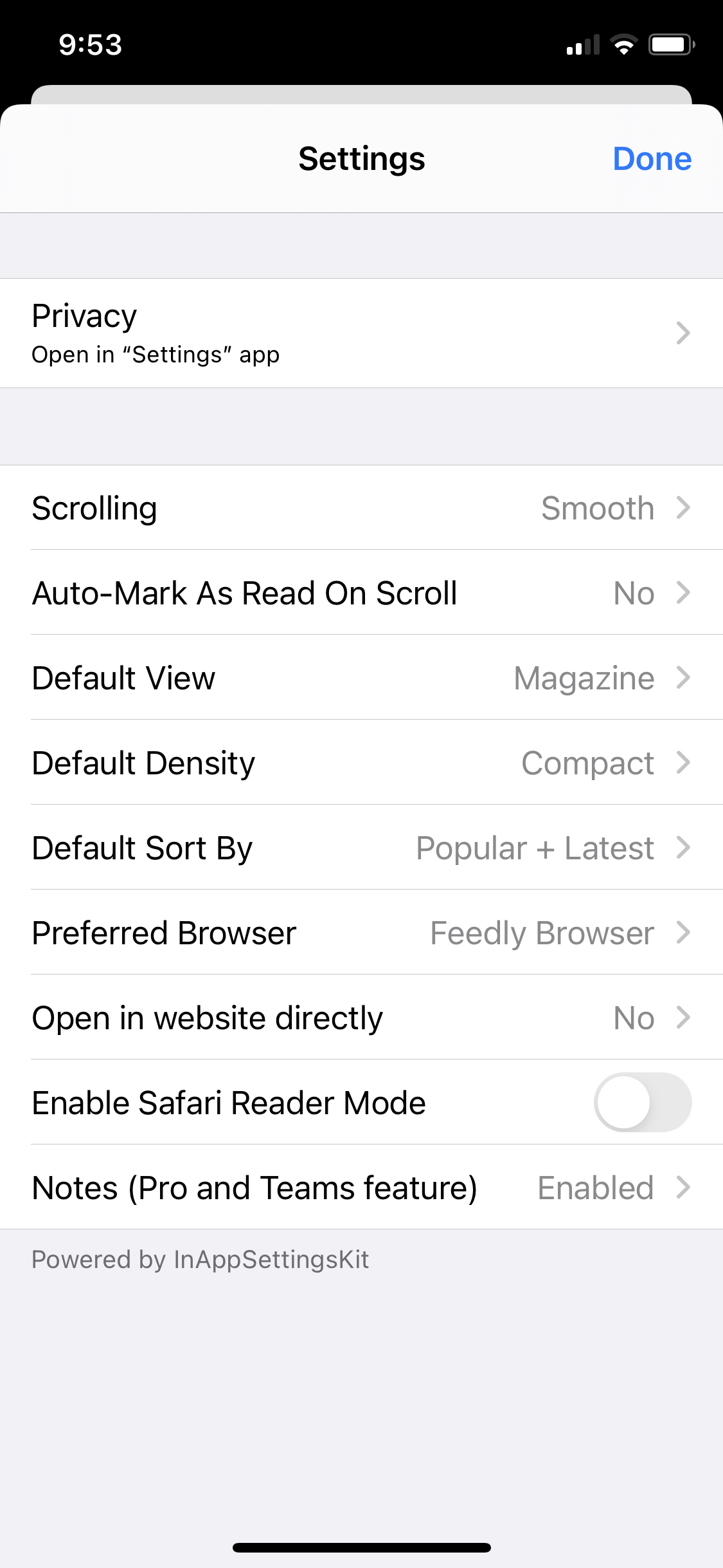 Screenshot of Settings