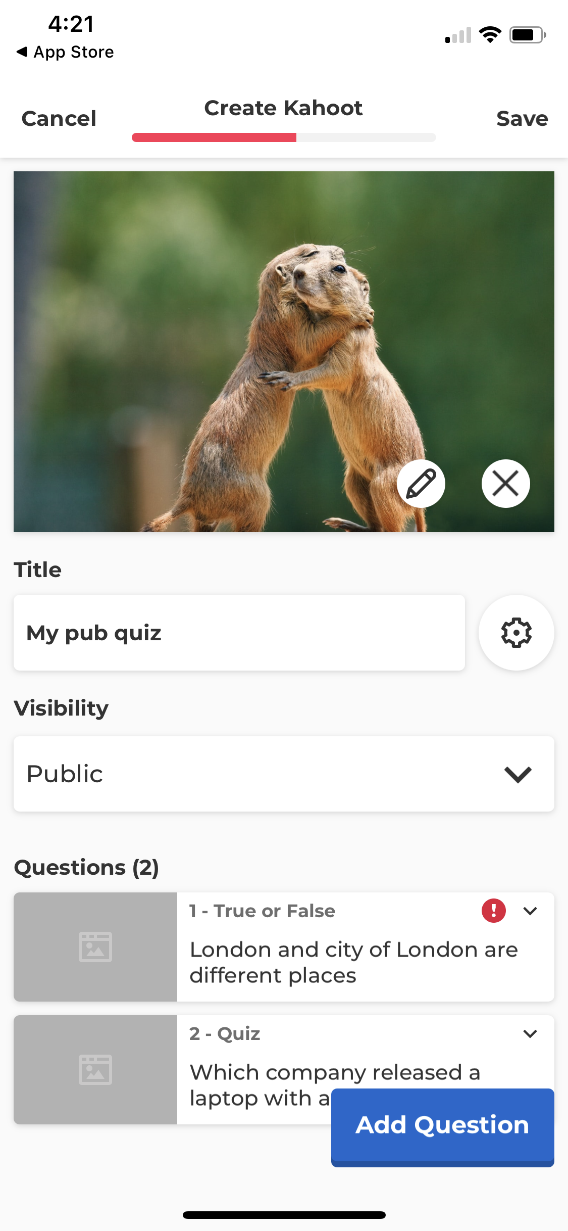 Screenshot of Create quiz