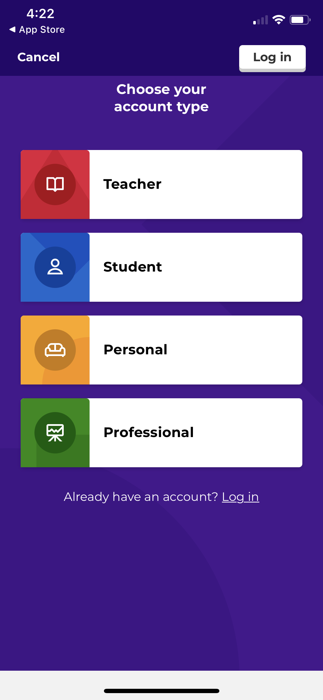 Screenshot of Select account type