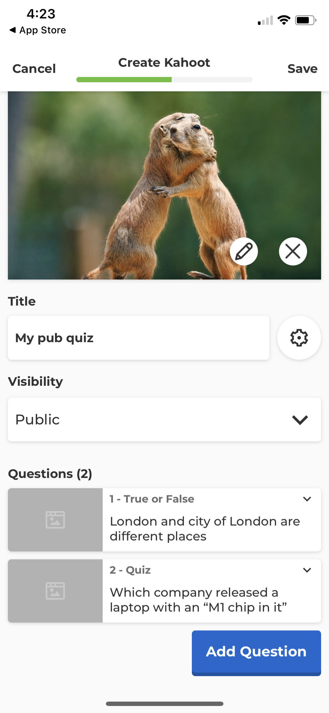 Screenshot of Create quiz