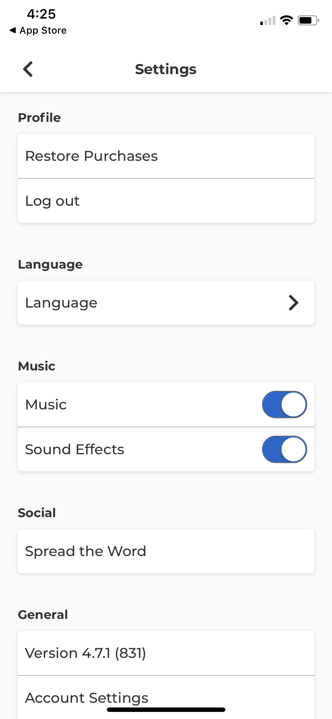 Screenshot of Settings