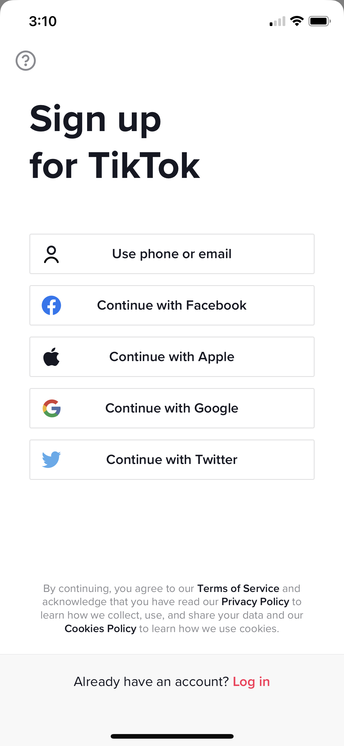 Screenshot of Sign up