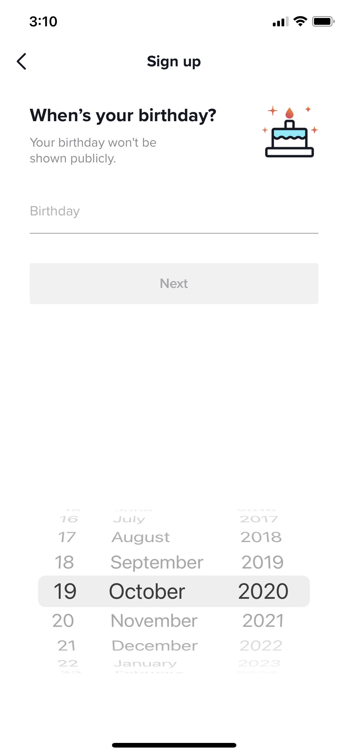 Screenshot of Set birthday